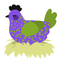 A blurple and chartreuse chicken with a speckle pattern