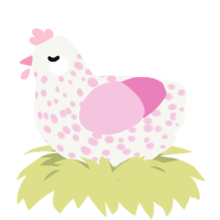 A white and pink chicken with a speckle pattern