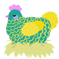 Socks, a turquoise and yellow chicken with a lace pattern