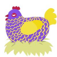 A blurple and yellow chicken with a lace pattern