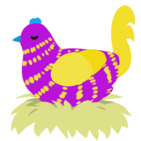 Pig in a blanket, a amethyst and yellow chicken with a bar pattern
