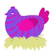 A blurple and fuchsia chicken with a bar pattern
