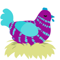 Smoothie, a plum and aqua chicken with a bar pattern