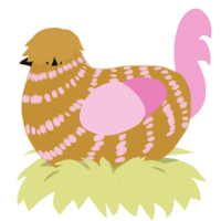 A gold and pink chicken with a bar pattern