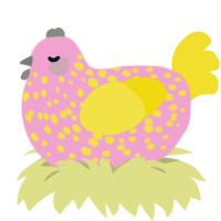 A pink and yellow chicken with a speckle pattern