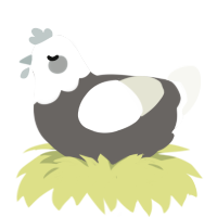 A grey and white chicken with a head pattern