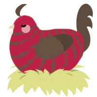 A crimson and bark chicken with a bar pattern
