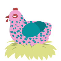 A pink and teal chicken with a speckle pattern