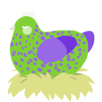 A grass and blurple chicken with a speckle pattern