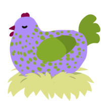 A lilac and chartreuse chicken with a speckle pattern