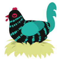 A black and turquoise chicken with a bar pattern