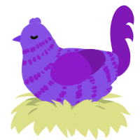 A blurple and violet chicken with a bar pattern