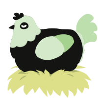 A black and gluppy chicken with a head pattern