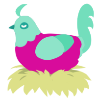 A fuchsia and mint chicken with a head pattern