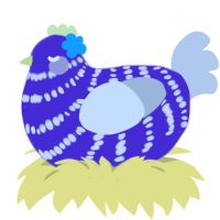 Birbberry, a indigo and mist chicken with a bar pattern