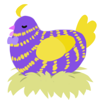 A blurple and yellow chicken with a bar pattern