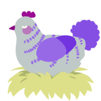 White Pearl, a silver and blurple chicken with a half-bar pattern