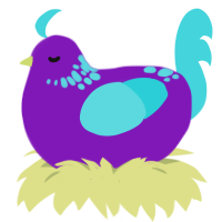 A violet and aqua chicken with a neck-speckle pattern