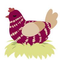 A maroon and beige chicken with a bar pattern
