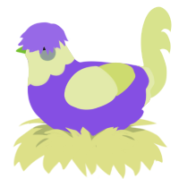 A blurple and lemon chicken with a head pattern