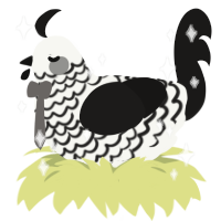A white and sable chicken with a lace pattern
