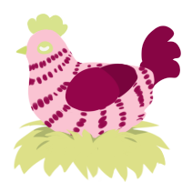 A rose and maroon chicken with a bar pattern