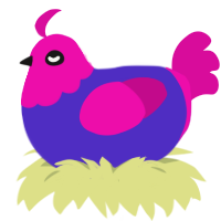 A indigo and fuchsia chicken with a head pattern