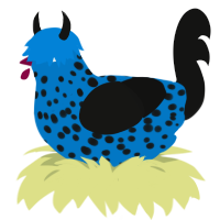 Covid, a sapphire and black chicken with a speckle pattern