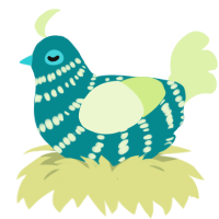A teal and apple chicken with a bar pattern