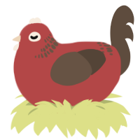 A red and bark chicken with a neck-band pattern
