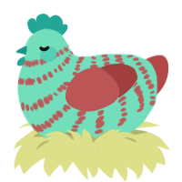 A mint and red chicken with a bar pattern