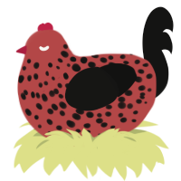 A red and black chicken with a speckle pattern