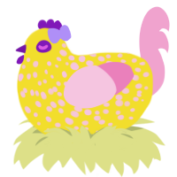 A yellow and pink chicken with a speckle pattern