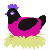 A fuchsia and black chicken with a head pattern