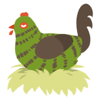 A chartreuse and bark chicken with a bar pattern