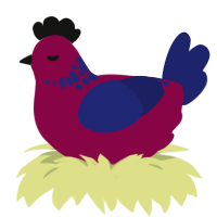 A maroon and navy chicken with a neck-speckle pattern