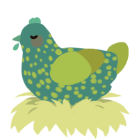 A sea and chartreuse chicken with a speckle pattern