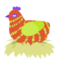 A vermilion and lime chicken with a bar pattern