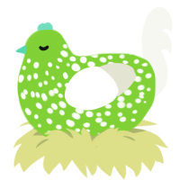 A grass and white chicken with a speckle pattern
