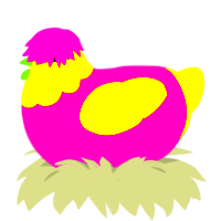 A fuchsia and yellow chicken with a head pattern