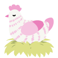 A white and pink chicken with a bar pattern