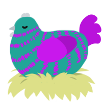 Sully Monsters Inc, a turquoise and amethyst chicken with a bar pattern