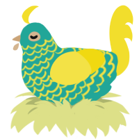A turquoise and yellow chicken with a lace pattern