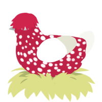 A crimson and white chicken with a speckle pattern
