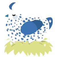 A white and ultramarine chicken with a speckle pattern