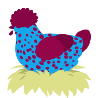 A sky and maroon chicken with a speckle pattern