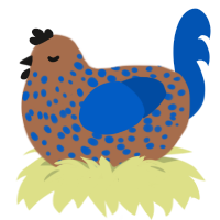 A brown and ultramarine chicken with a speckle pattern