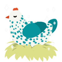 A white and teal chicken with a speckle pattern
