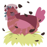 A crimson and fuchsia chicken with a bar pattern