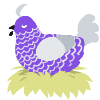 Boots, a blurple and mist chicken with a lace pattern